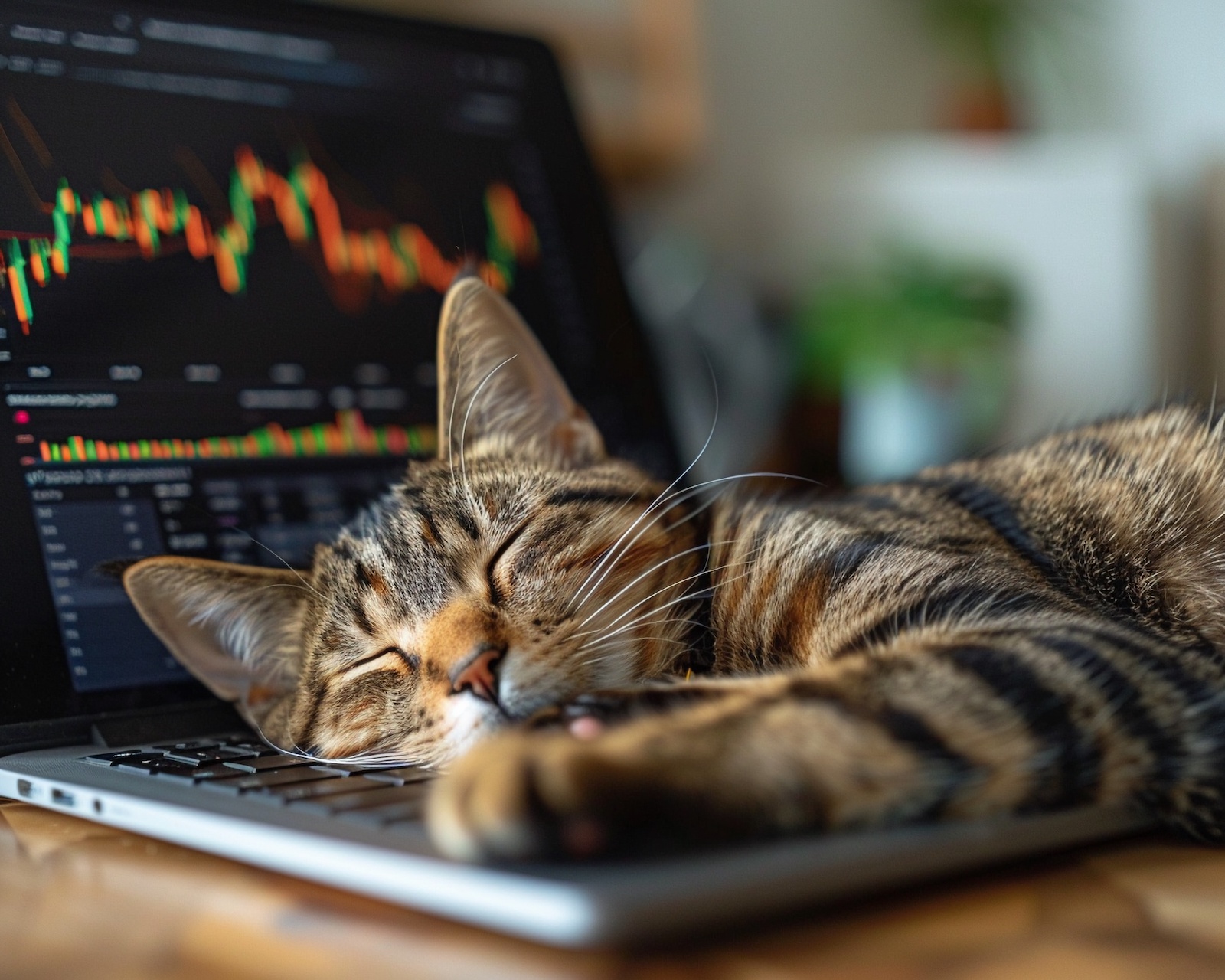 Cat napping on a laptop with data chart on the screen, taking a break from research Cat napping on a laptop with data chart on the screen, taking a break from research